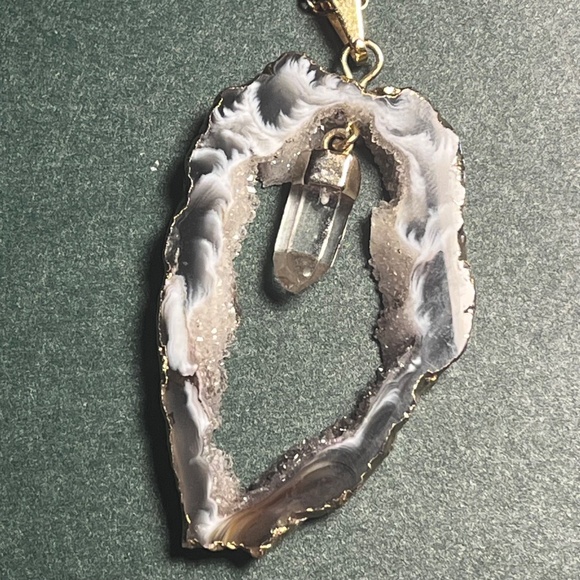 Agate Geode Slice and Quartz Crystal Necklace with Gold Chain Unique Necklace - Picture 2 of 8